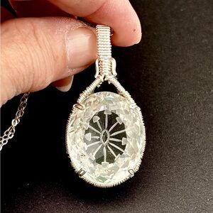 HAND CRAFTED Engraved Faceted Clear Quartz Wire Wrapped Silver-Filled Necklace